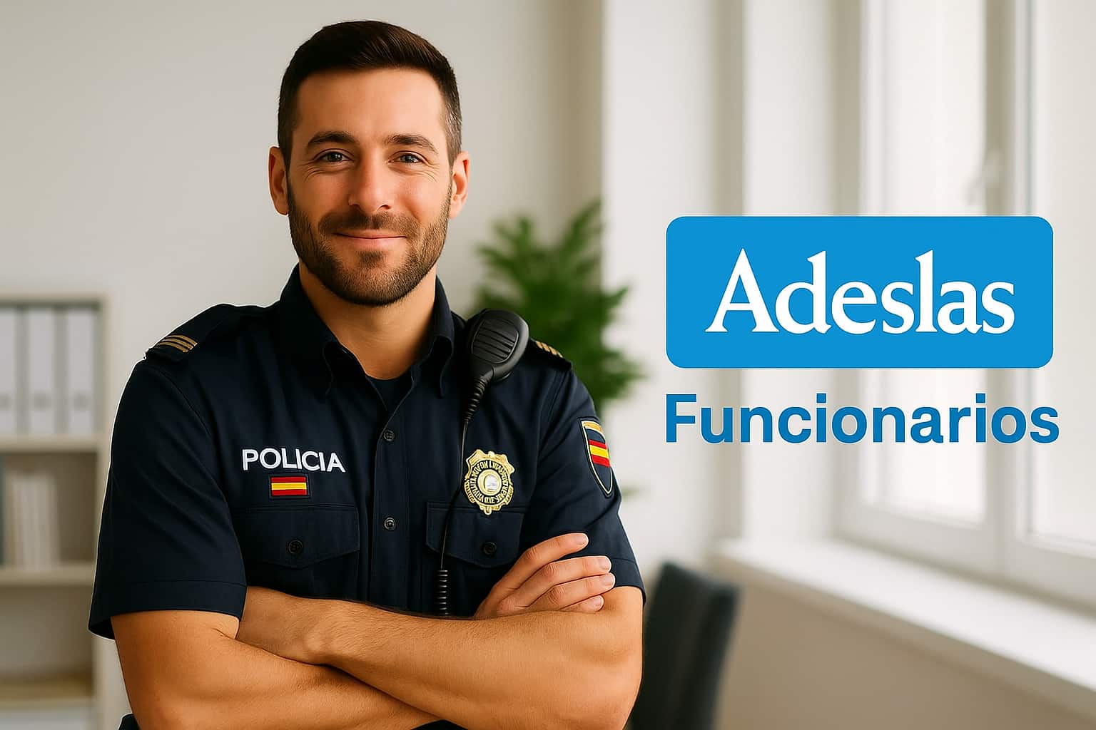 Adeslas ofrece coberturas exclusivas para familiares de funcionarios públicos. Policía nacional sonriendo con los brazos cruzados en una oficina, representando el seguro de salud Adeslas para funcionarios.