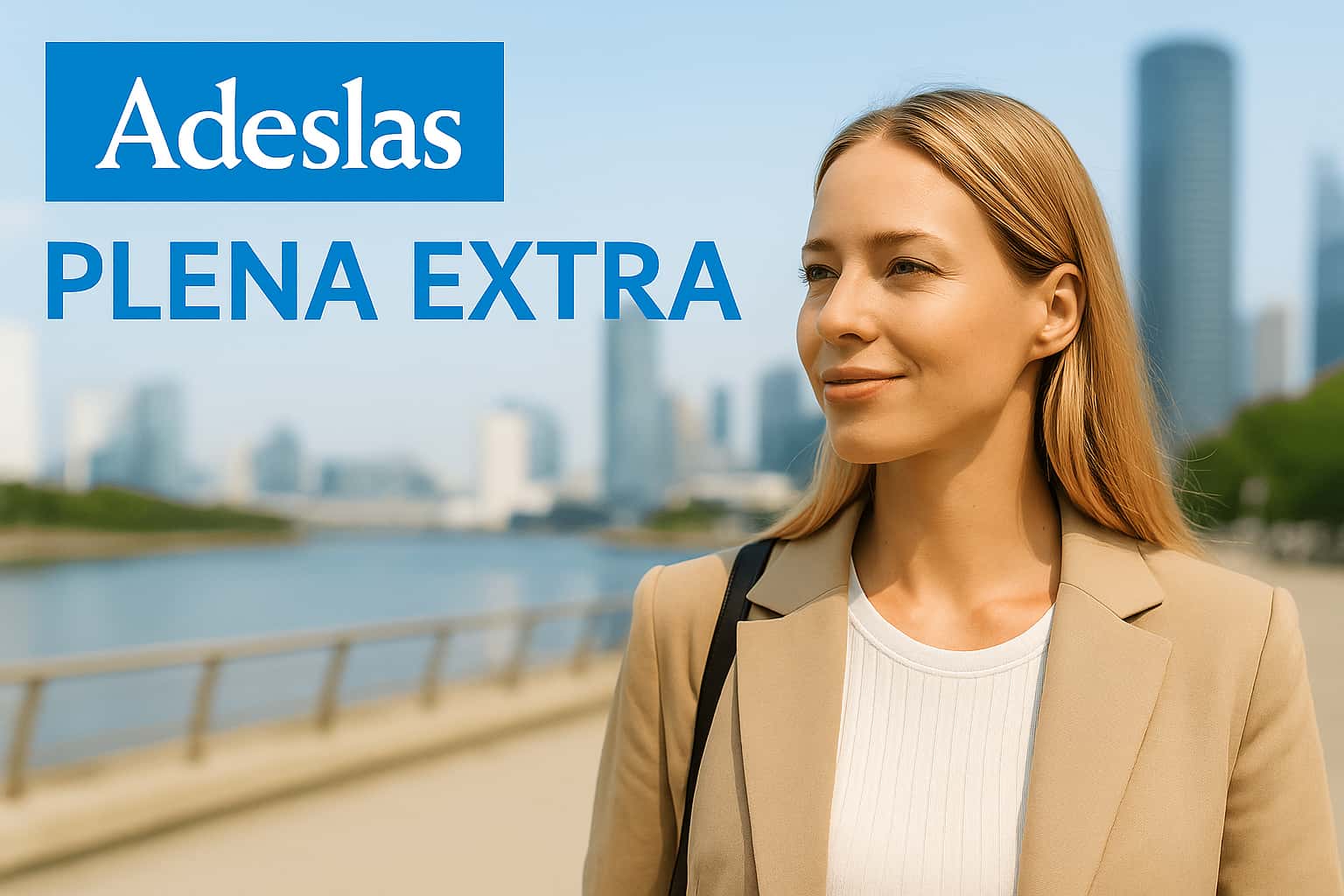 cobertura global Mujer joven caminando junto a un río en un entorno urbano internacional, con el logotipo de Adeslas Plena Extra