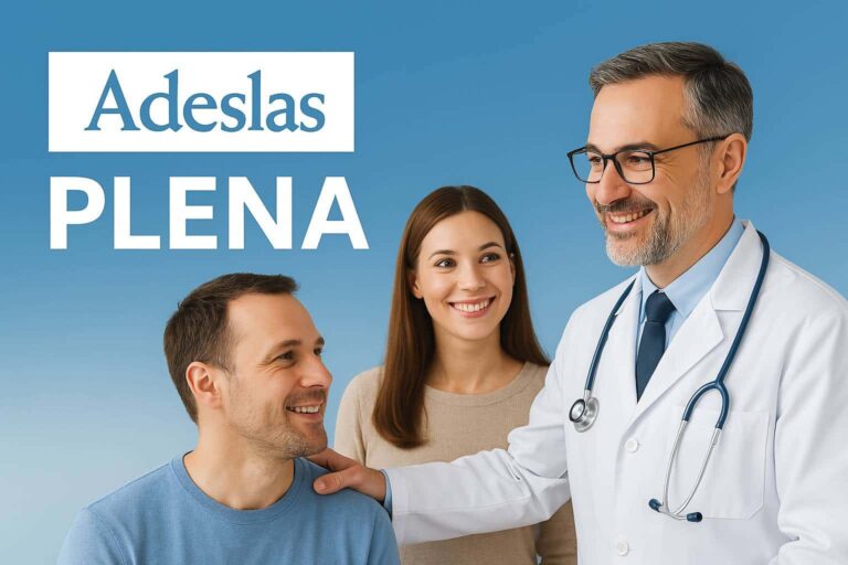 Pareja joven recibiendo atención médica con un doctor sonriente, junto al texto Adeslas Plena