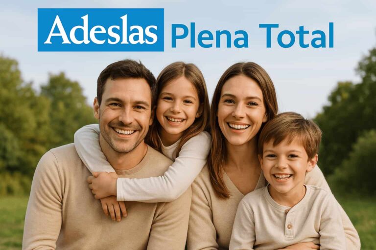 Familia sonriente al aire libre junto al logotipo de Adeslas Plena Total