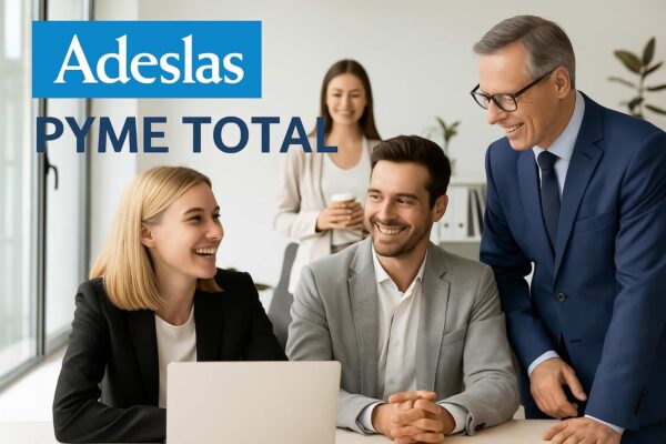 Equipo de trabajo sonriente en una oficina representando los beneficios del seguro médico Adeslas PYME TOTAL para empresas.