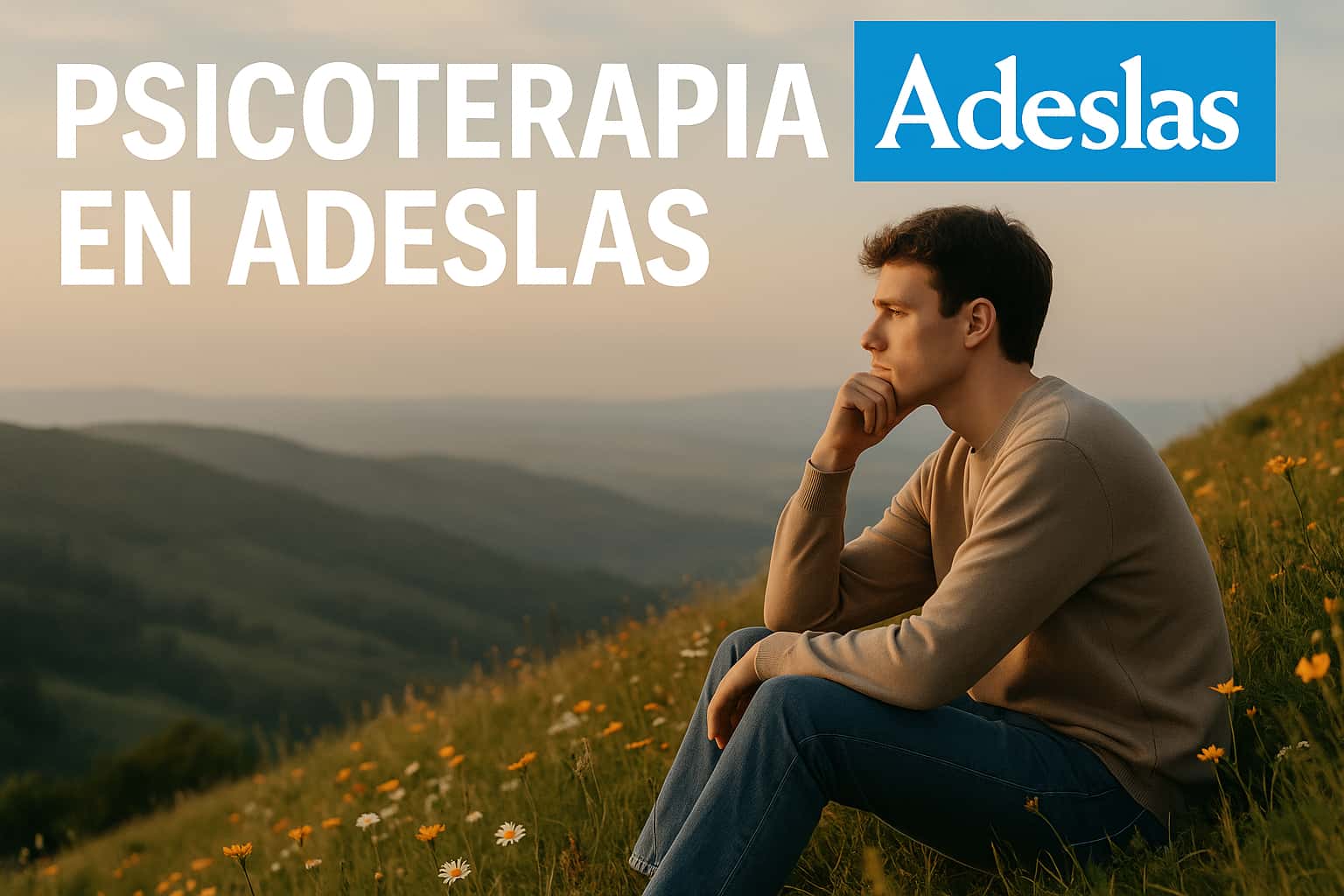 Adeslas te acompaña también en tu salud emocional, con acceso a psicoterapia profesional. Hombre joven sentado solo en una colina con flores, al atardecer, pensando en silencio, junto al texto “Psicoterapia en Adeslas”.