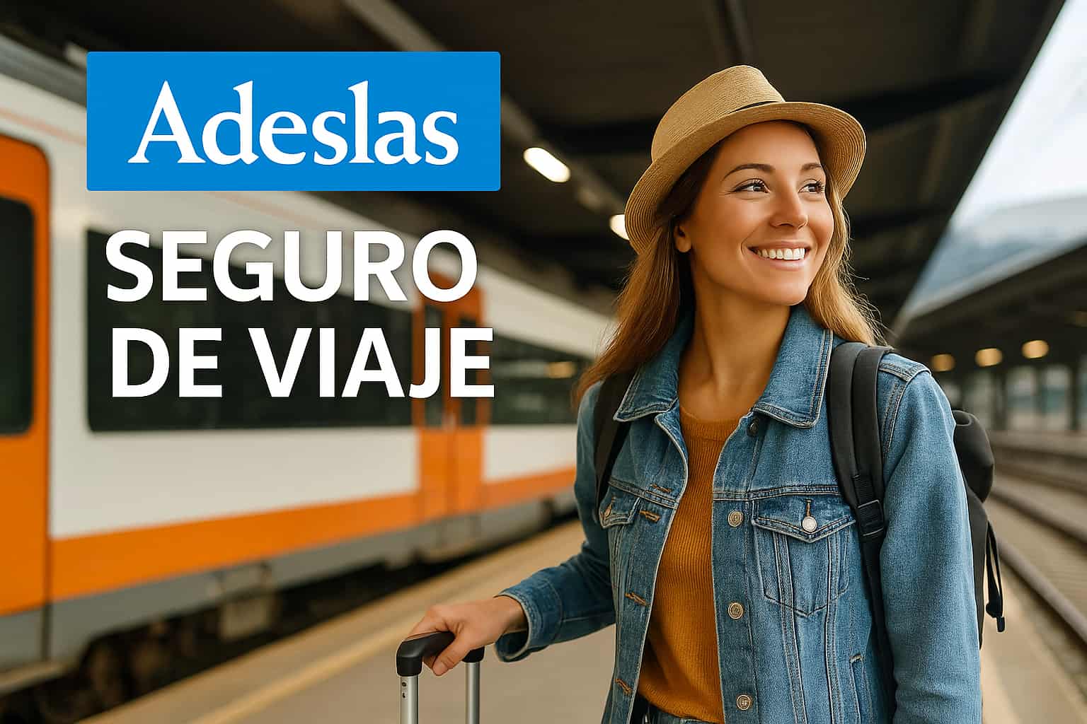 Adeslas Seguro de Viaje: la protección médica que te acompaña fuera de España Mujer joven con maleta en un andén de tren internacional, junto al logotipo de Adeslas Seguro de Viaje