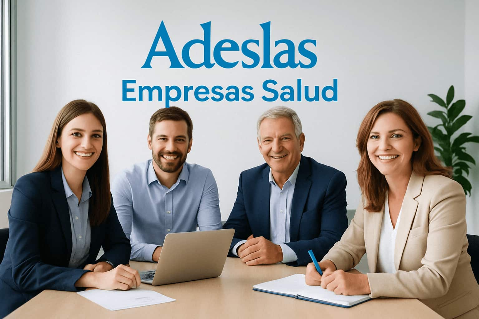 Adeslas Empresas Salud, la mejor cobertura médica para tus empleados. Equipo profesional reunido en una sala de reuniones, representando la oferta de seguros de salud para empresas de Adeslas.