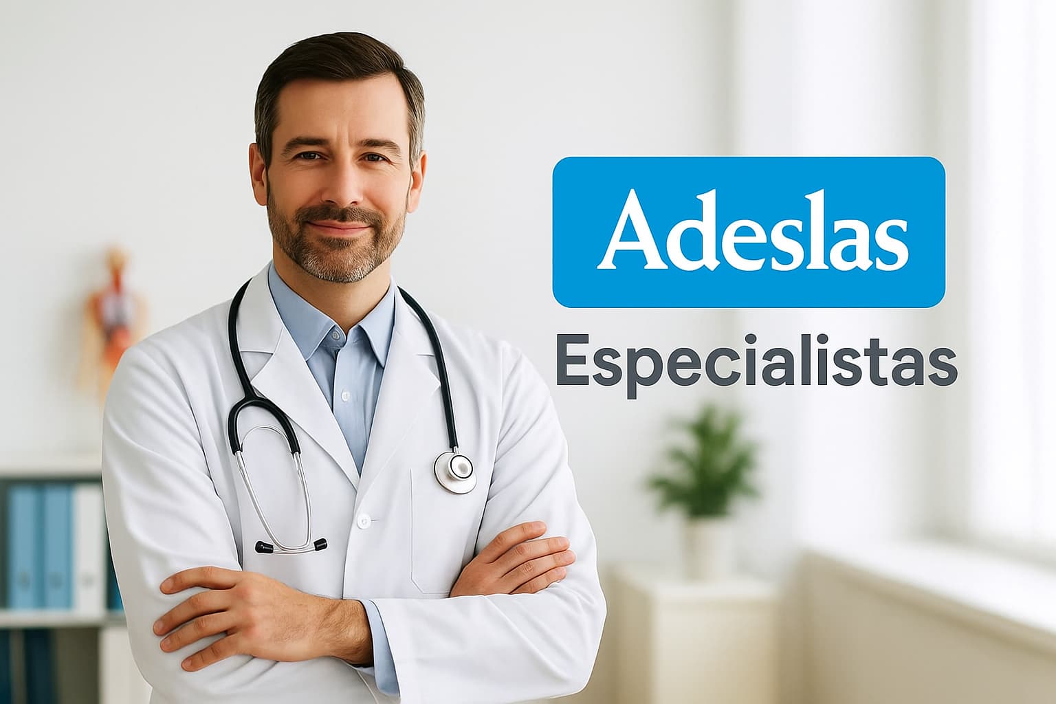 Con Adeslas, tienes acceso a un amplio cuadro de especialistas sin listas de espera. Médico especialista posando con bata blanca y estetoscopio en consulta, junto al logotipo de Adeslas.