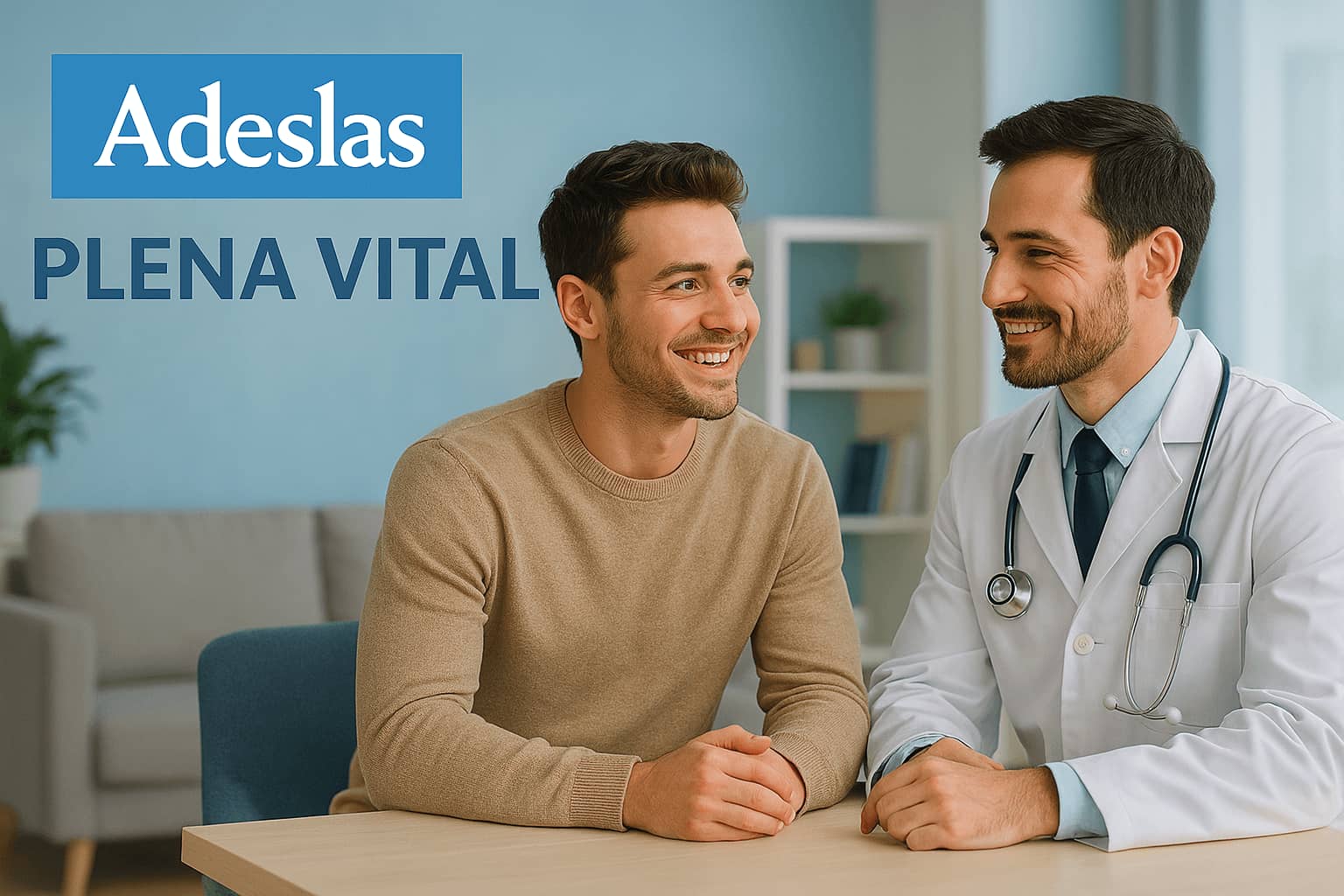Adeslas Plena Vital: cobertura médica completa con copagos reducidos y renovación anual Hombre joven en consulta con un médico, sonriendo, junto al logotipo de Adeslas Plena Vital