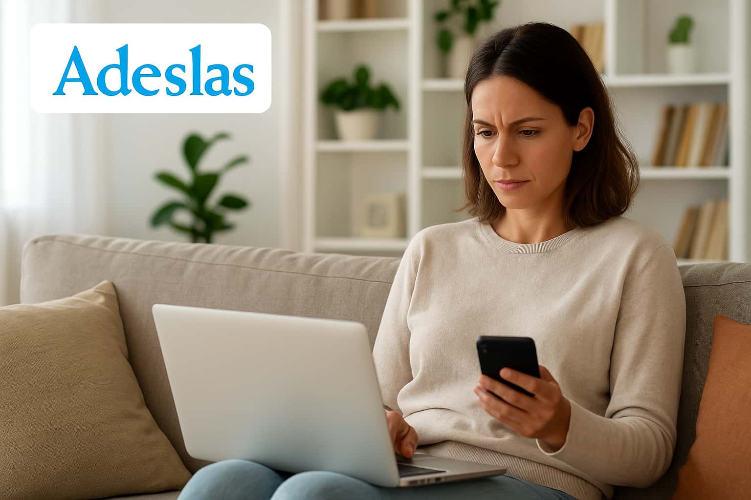 Adeslas Completa ofrece cobertura integral para cuidar de tu salud estés donde estés. Mujer consultando información médica desde casa con portátil y móvil, representando la búsqueda de coberturas Adeslas Completa.