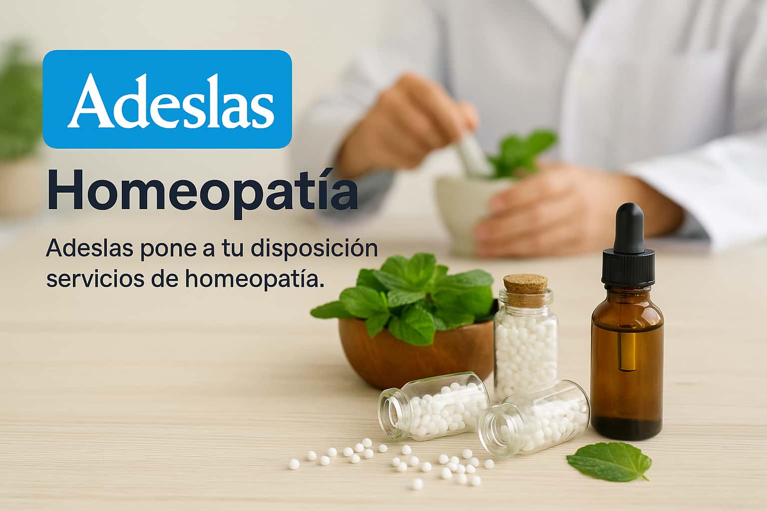 Botes de preparados homeopáticos y gotas naturales sobre mesa de consulta, con logo de Adeslas al fondo.