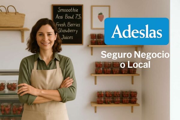 Mujer emprendedora sonriendo en su tienda de fresas, representando el Seguro Negocio o Local de Adeslas.
