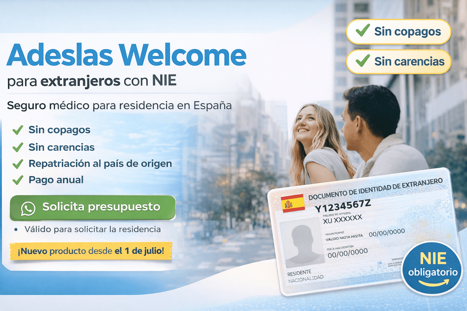 Adeslas Welcome seguro médico para extranjeros con NIE en España, sin copagos, sin carencias y válido para residencia